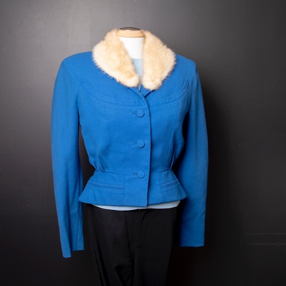 50s Blue Suit Jacket w/ Removable Real Fur collar - Picture 5 of 8